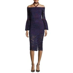 ALEXIS Odette Velvet Necktie Off The Shoulder Lace Midi Dress